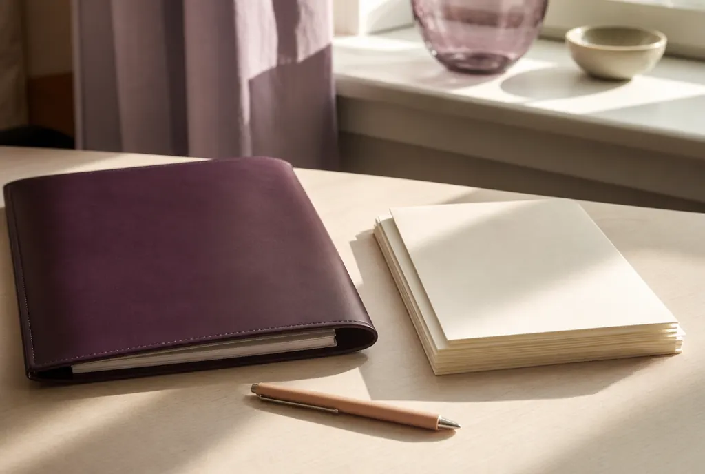 A closed document folder, a pen and a stack of unmarked papers on a pale desk
