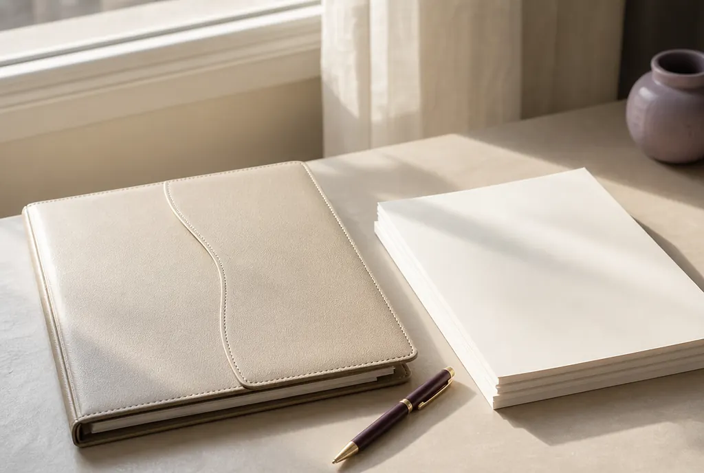 A closed document folder, a pen and a stack of unmarked papers on a pale desk