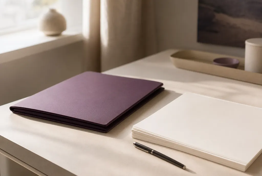 A closed document folder, a pen and a stack of unmarked papers on a pale desk