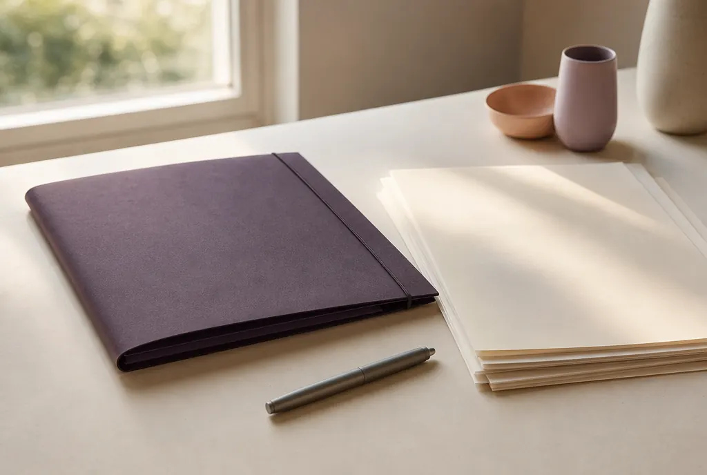 A closed document folder, a pen and a stack of unmarked papers on a pale desk