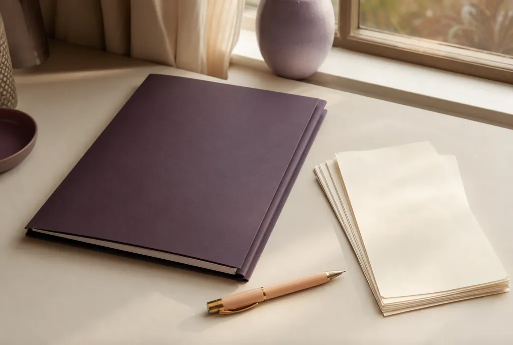 A closed document folder, a pen and a stack of unmarked papers on a pale desk