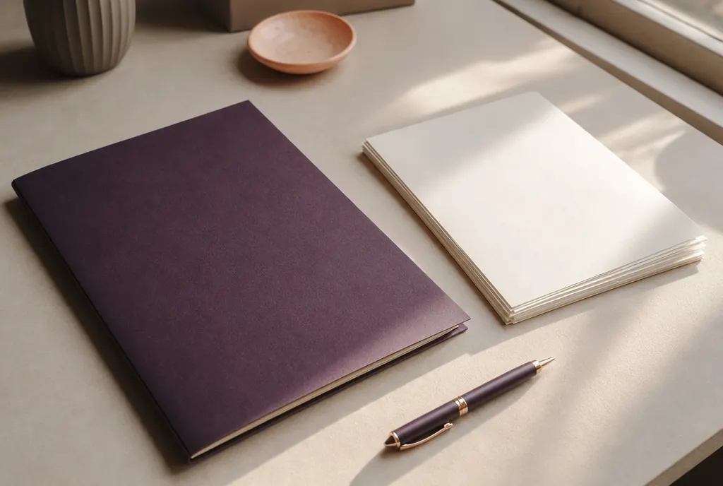 A closed document folder, a pen and a stack of unmarked papers on a pale desk
