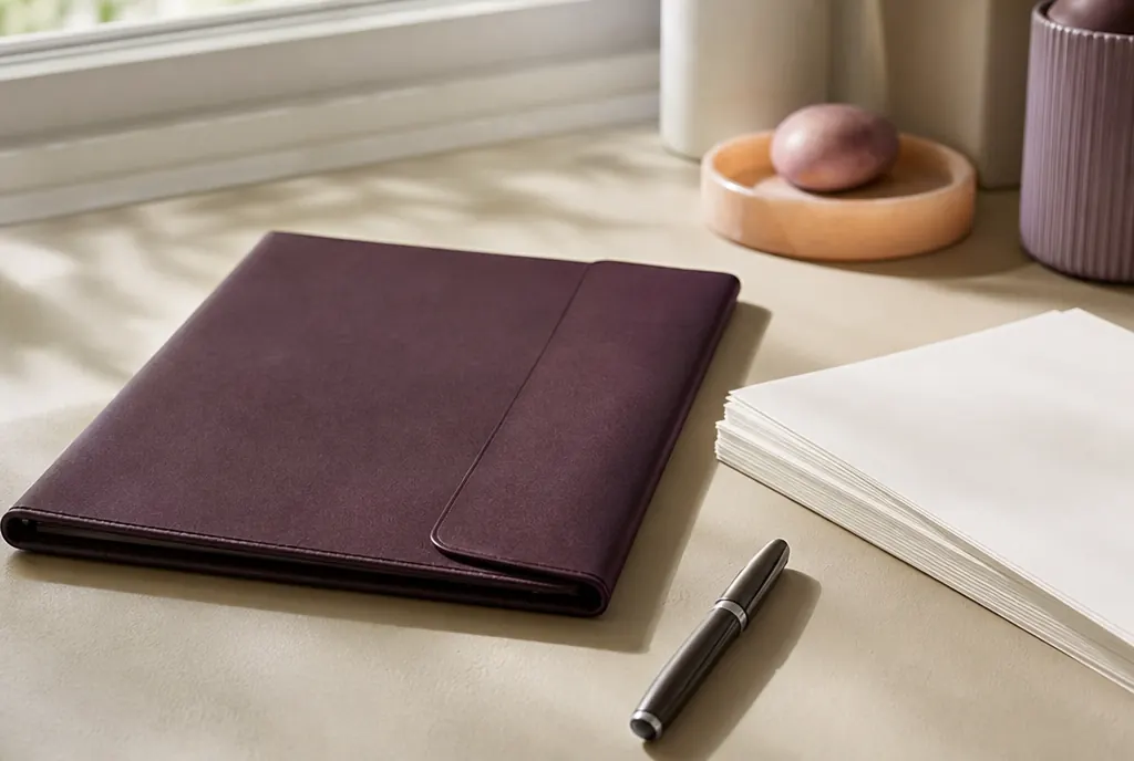 A closed document folder, a pen and a stack of unmarked papers on a pale desk