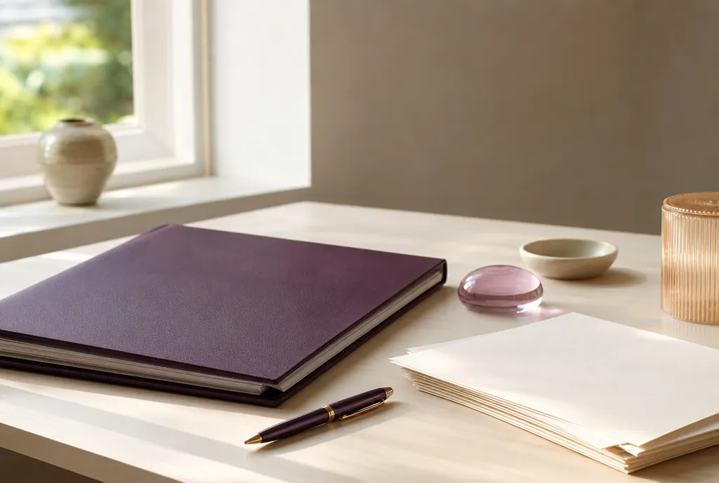 A closed document folder, a pen and a stack of unmarked papers on a pale desk