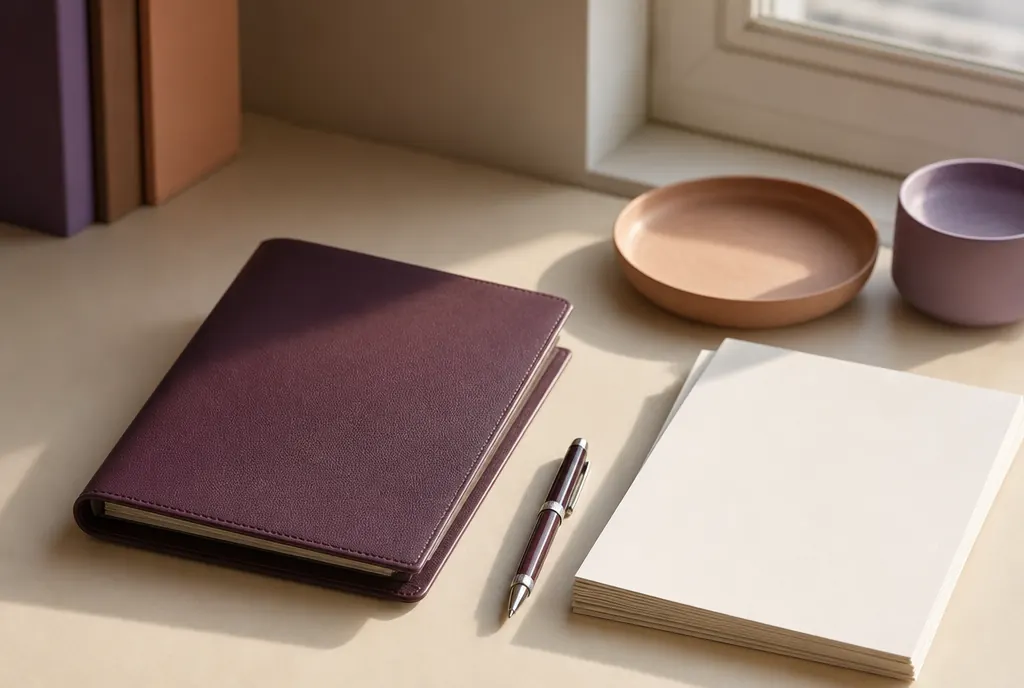 A closed document folder, a pen and a stack of unmarked papers on a pale desk