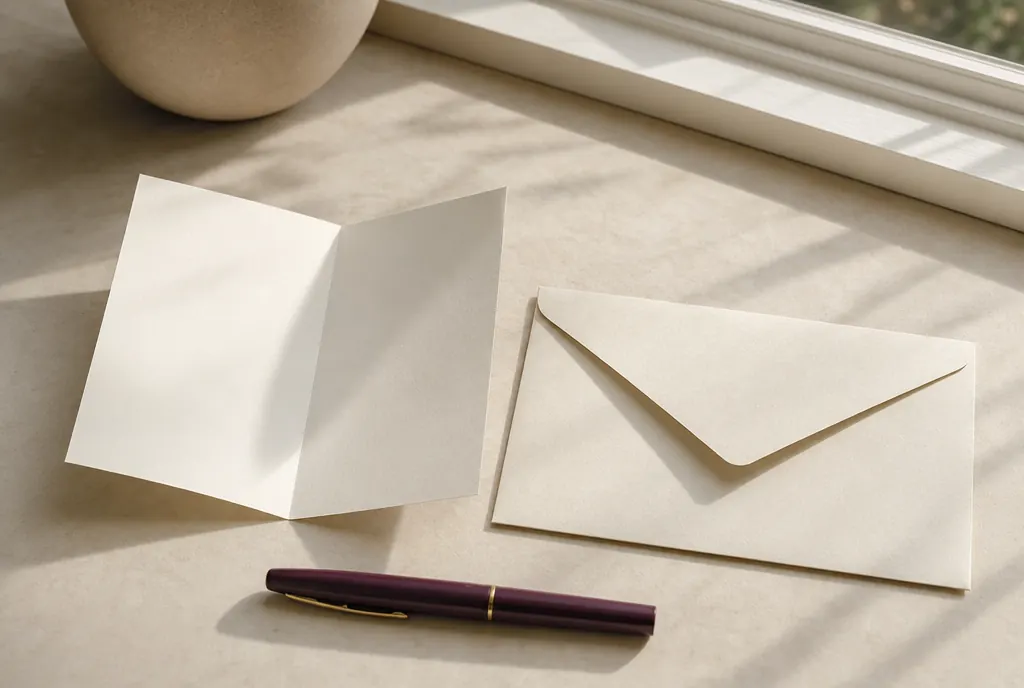 A folded leaflet, a plain envelope and a pen on a pale table