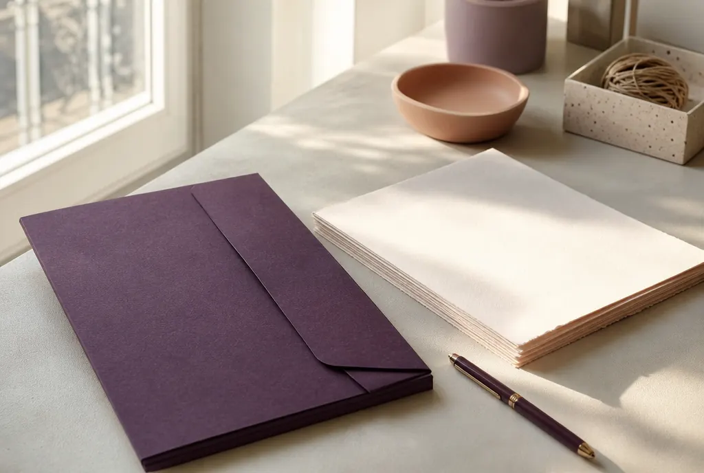 A closed document folder, a pen and a stack of unmarked papers on a pale desk