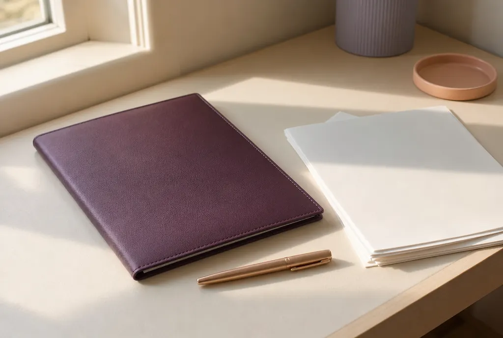 A closed document folder, a pen and a stack of unmarked papers on a pale desk
