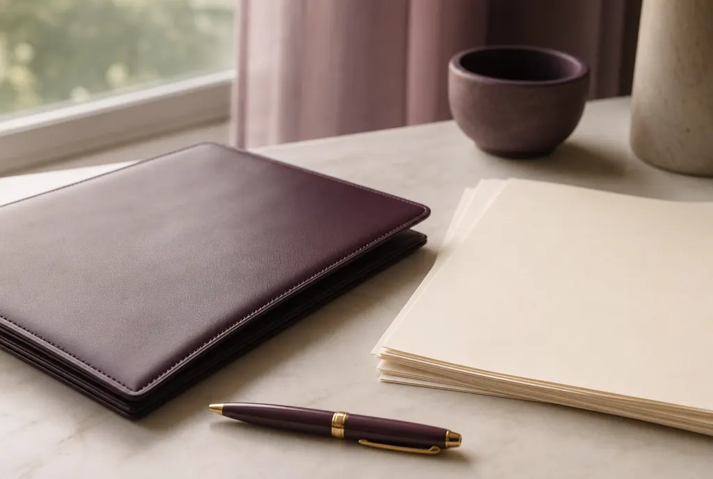 A closed document folder, a pen and a stack of unmarked papers on a pale desk