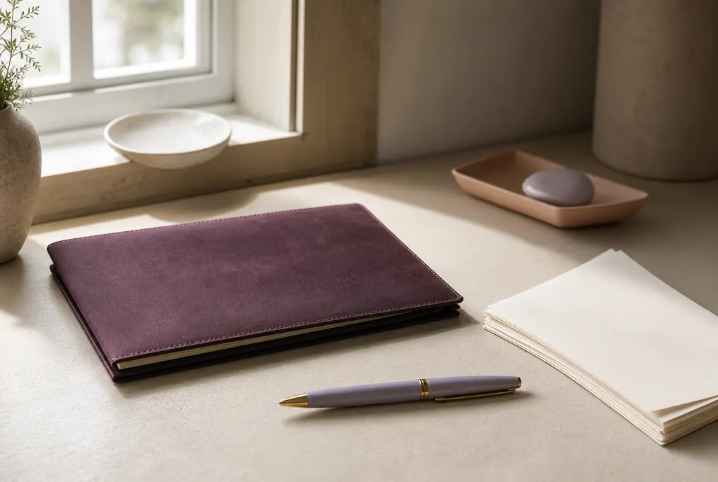 A closed document folder, a pen and a stack of unmarked papers on a pale desk