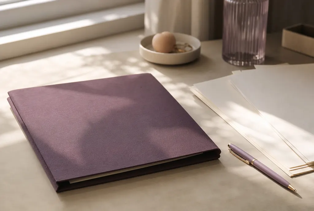 A closed document folder, a pen and a stack of unmarked papers on a pale desk