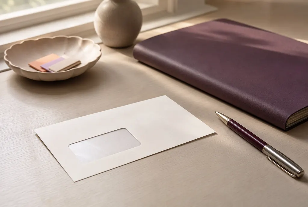 A plain window envelope and a pen beside a closed folder