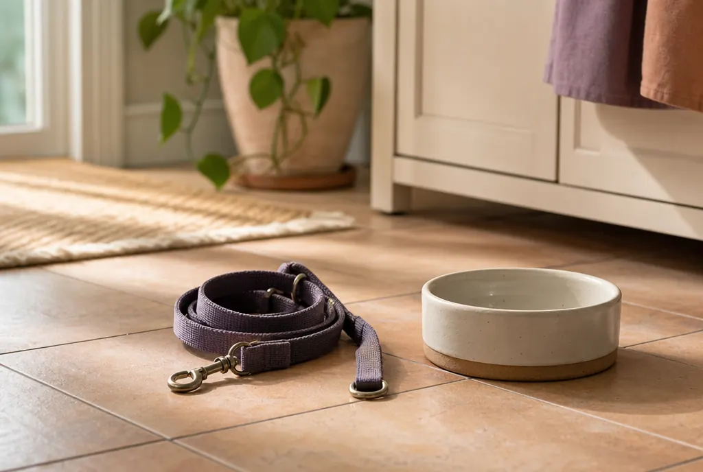 A coiled leash beside a ceramic pet bowl on a kitchen floor