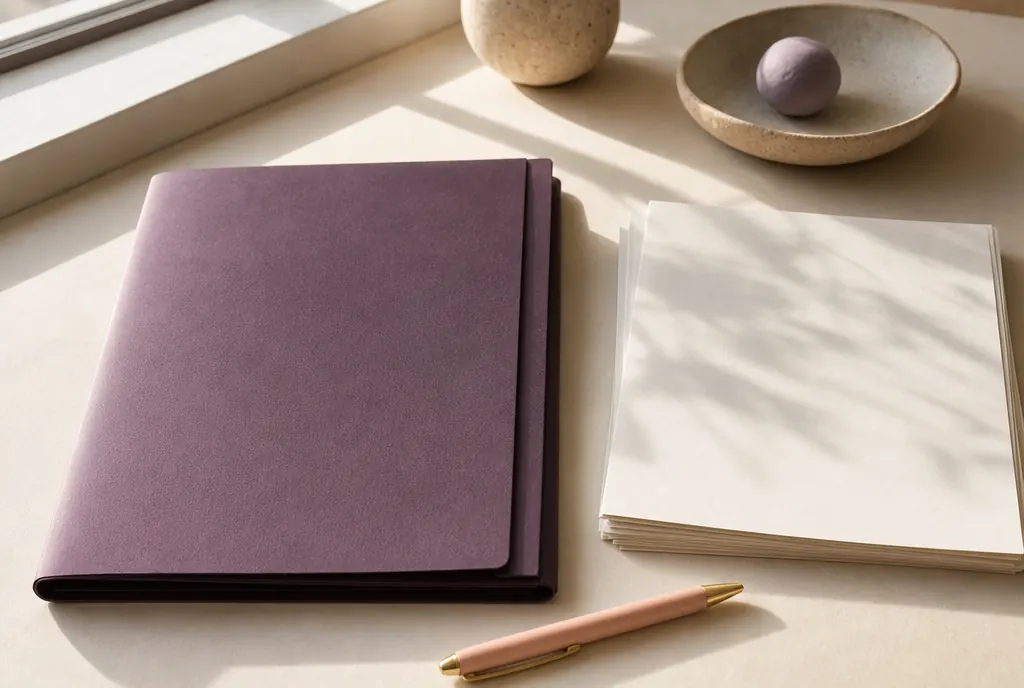 A closed document folder, a pen and a stack of unmarked papers on a pale desk