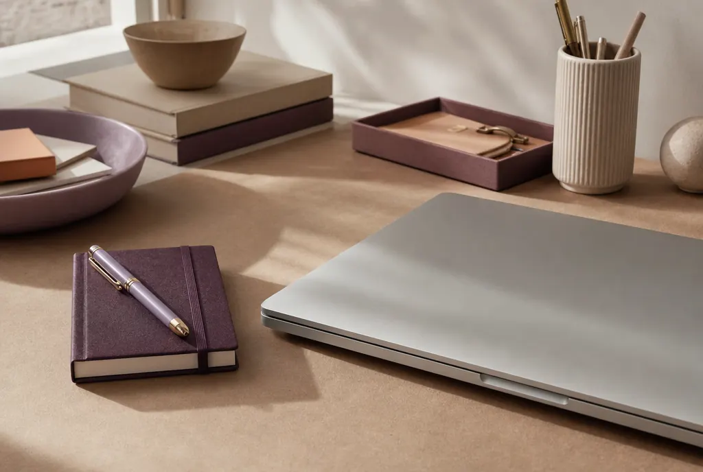 A closed laptop and a small notebook with a pen on a desk