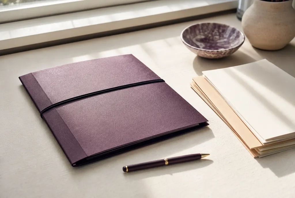 A closed document folder, a pen and a stack of unmarked papers on a pale desk