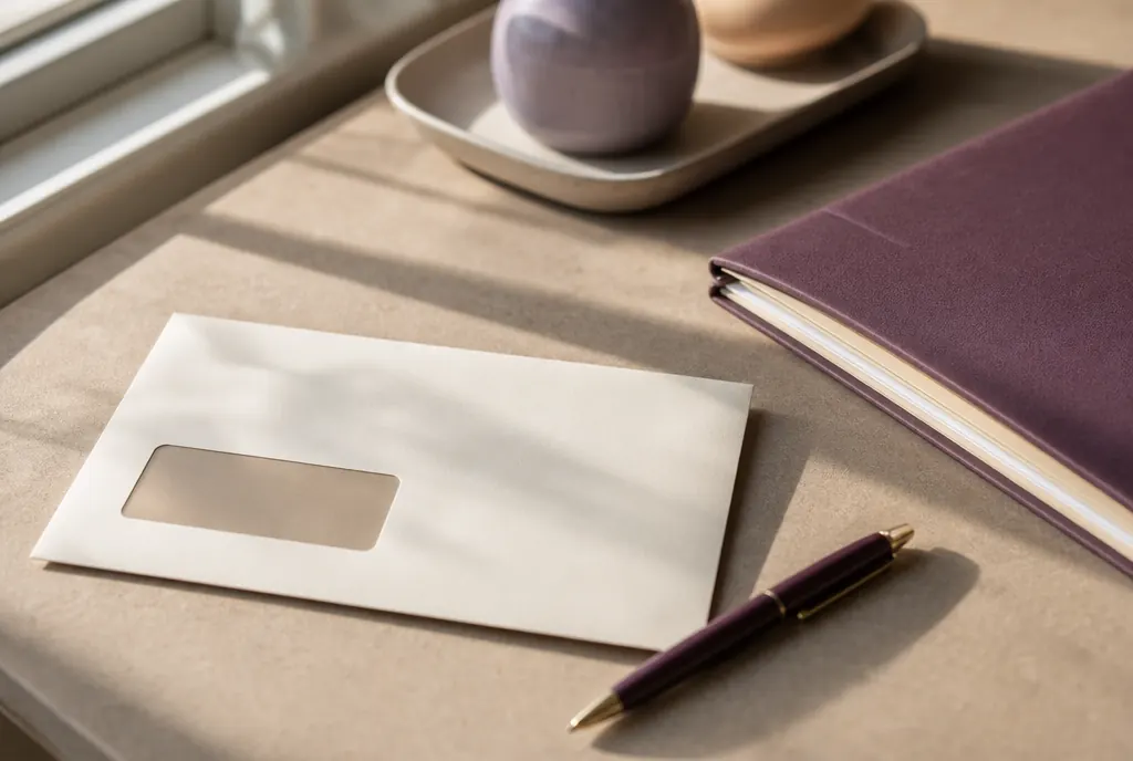 A plain window envelope and a pen beside a closed folder