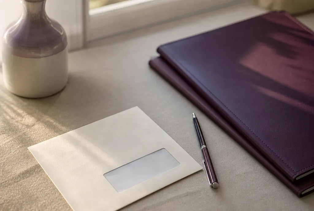 A plain window envelope and a pen beside a closed folder