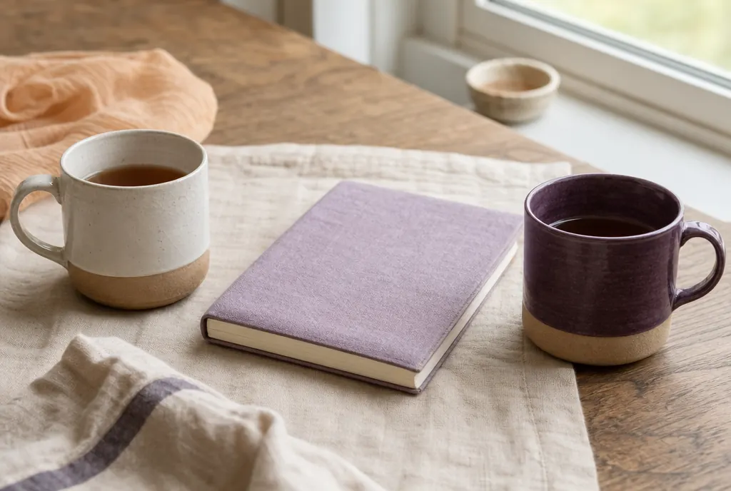 Two mugs of tea on a kitchen table with a closed notebook between them