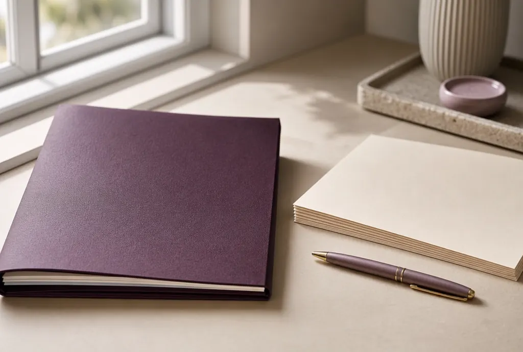 A closed document folder, a pen and a stack of unmarked papers on a pale desk