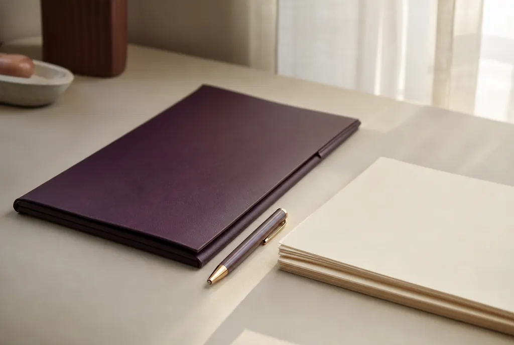 A closed document folder, a pen and a stack of unmarked papers on a pale desk