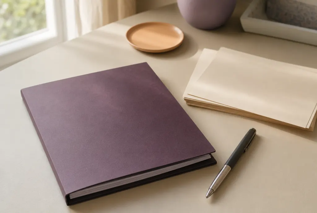A closed document folder, a pen and a stack of unmarked papers on a pale desk