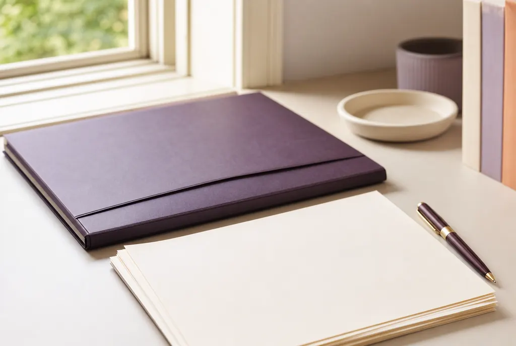 A closed document folder, a pen and a stack of unmarked papers on a pale desk
