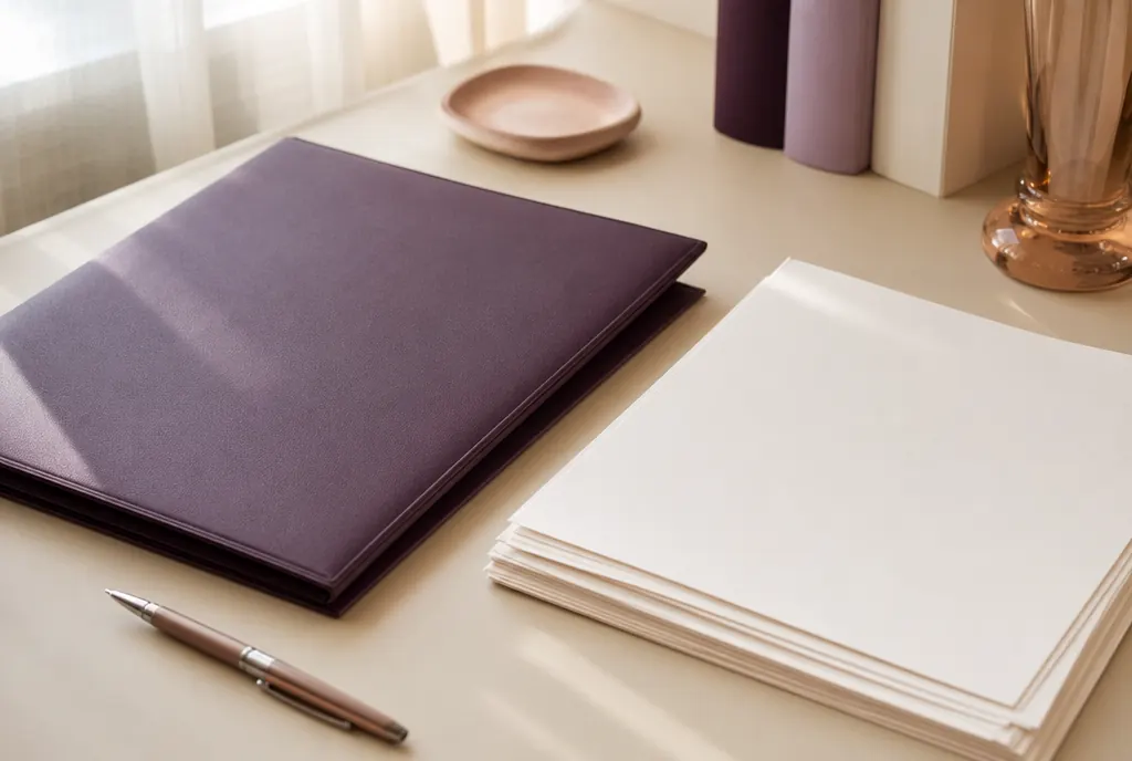 A closed document folder, a pen and a stack of unmarked papers on a pale desk
