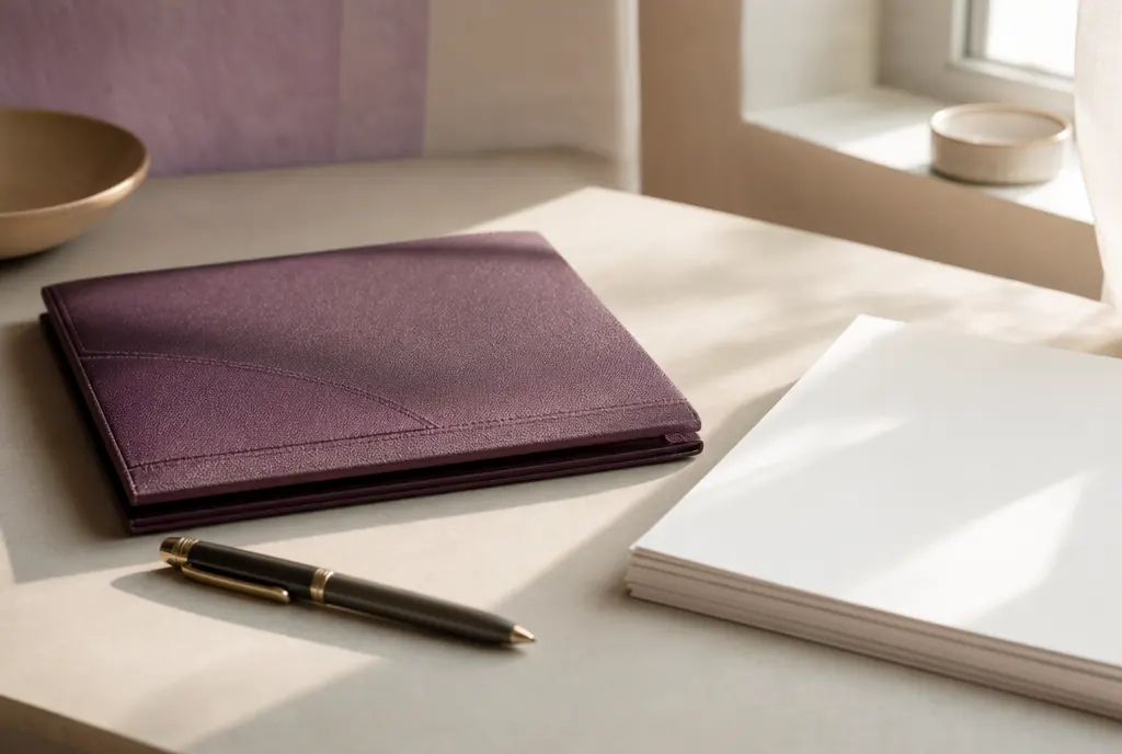 A closed document folder, a pen and a stack of unmarked papers on a pale desk