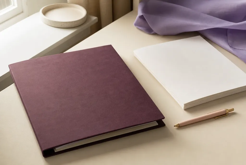 A closed document folder, a pen and a stack of unmarked papers on a pale desk