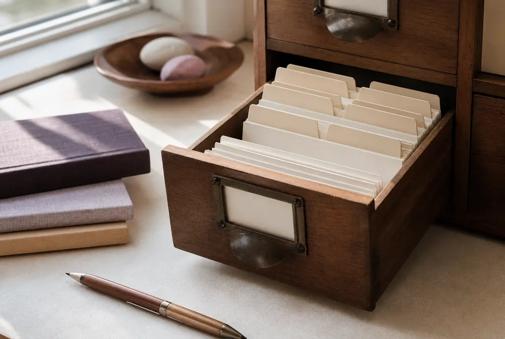 An open wooden card index drawer with blank dividers and a pen beside it