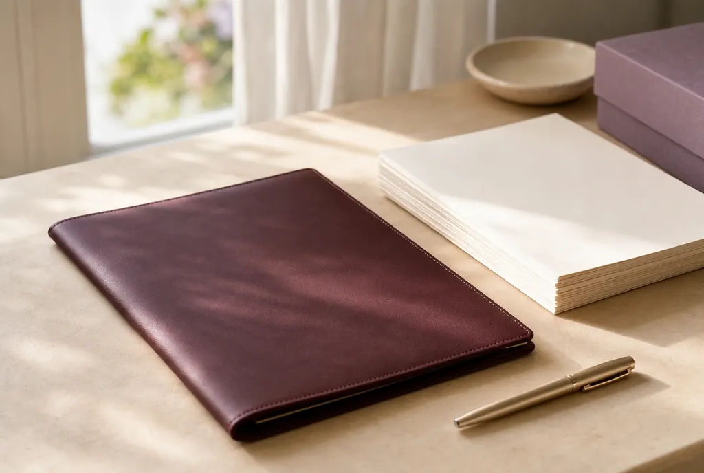 A closed document folder, a pen and a stack of unmarked papers on a pale desk