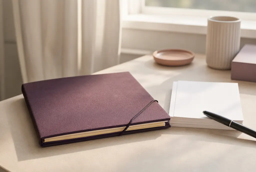 A closed document folder, a pen and a stack of unmarked papers on a pale desk