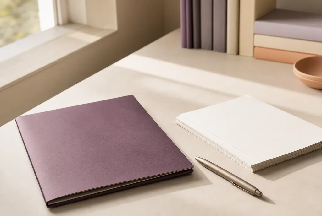 A closed document folder, a pen and a stack of unmarked papers on a pale desk