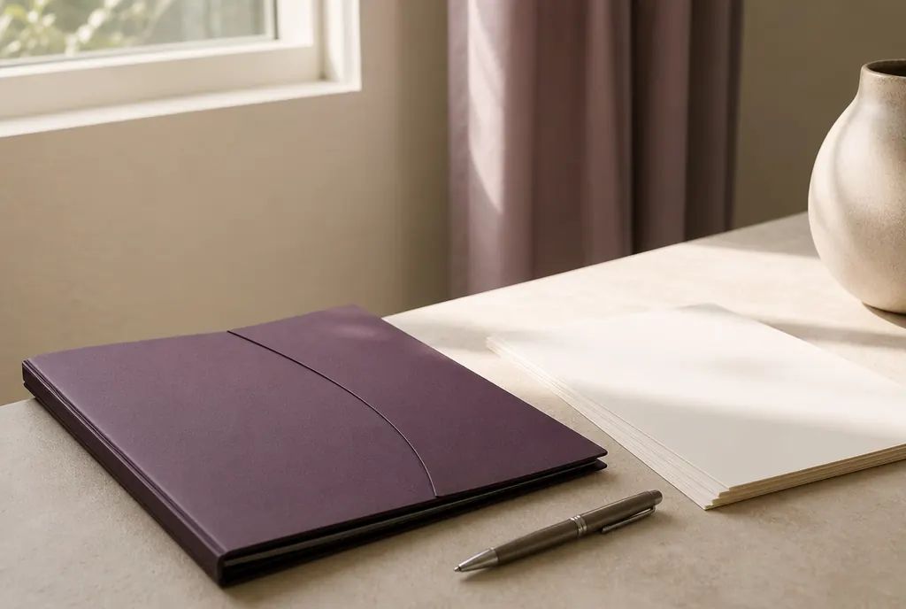 A closed document folder, a pen and a stack of unmarked papers on a pale desk
