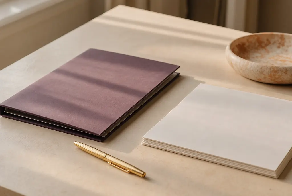 A closed document folder, a pen and a stack of unmarked papers on a pale desk