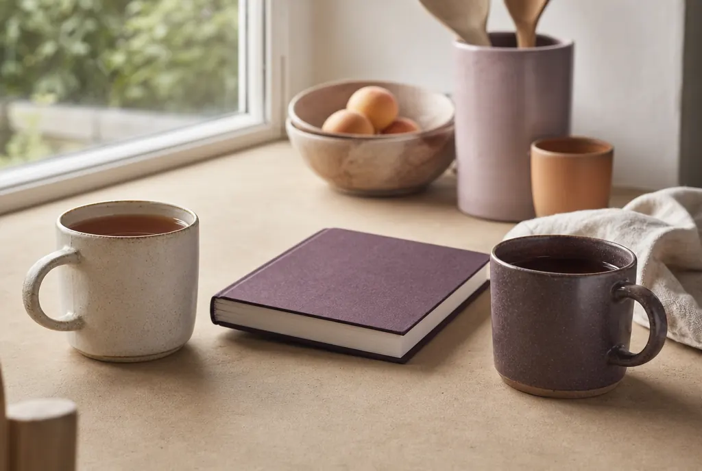 Two mugs of tea on a kitchen table with a closed notebook between them