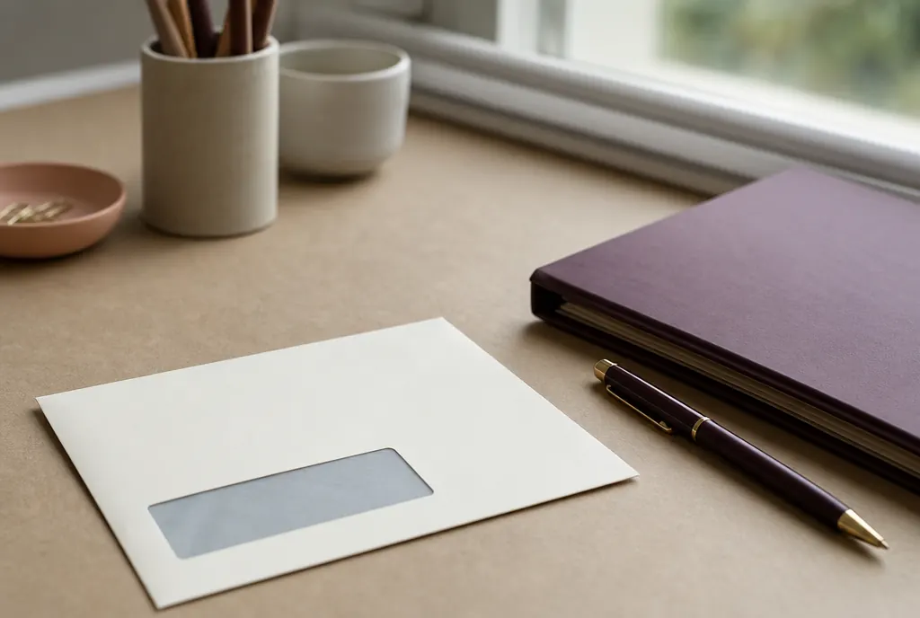 A plain window envelope and a pen beside a closed folder