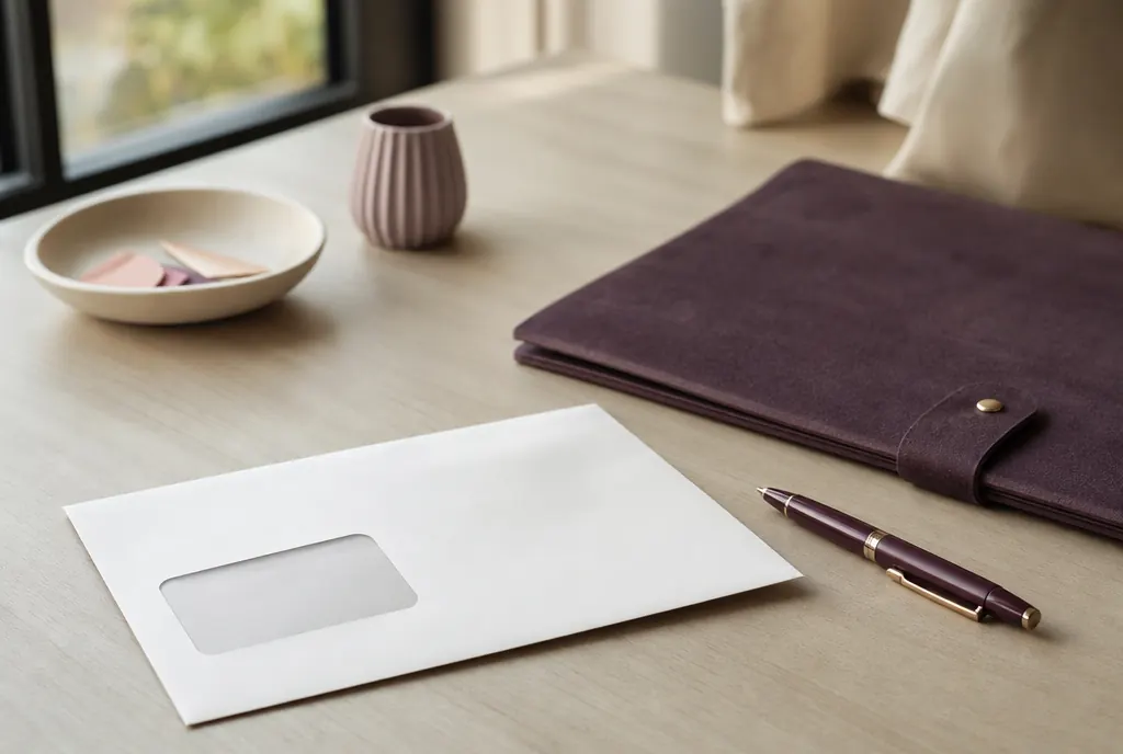 A plain window envelope and a pen beside a closed folder