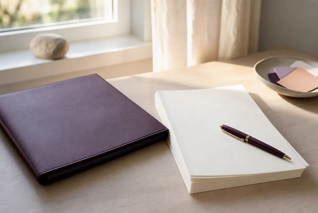 A closed document folder, a pen and a stack of unmarked papers on a pale desk