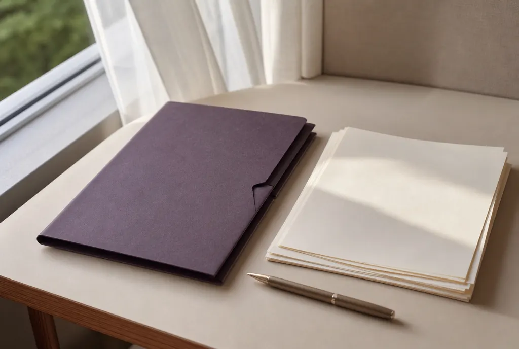 A closed document folder, a pen and a stack of unmarked papers on a pale desk