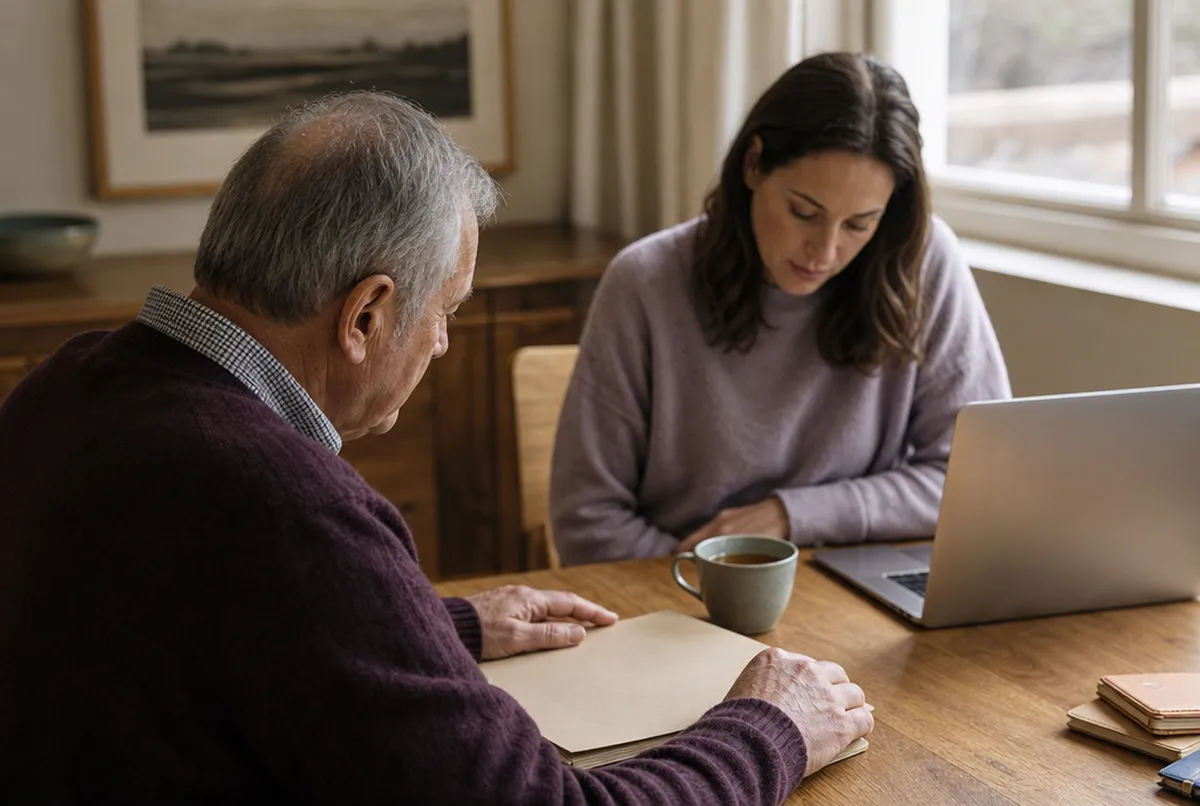 An adult daughter and her father at a dining table, a folder of papers and an open laptop between them
