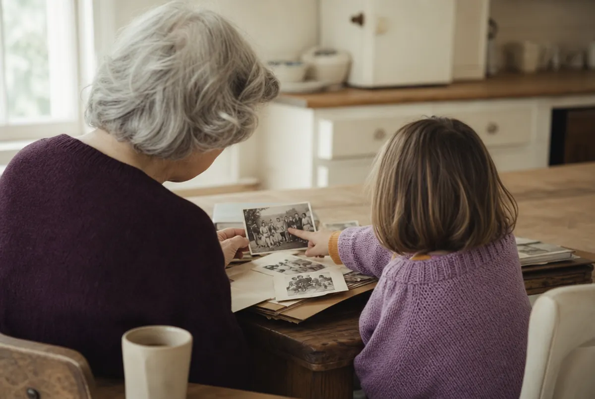 A grandmother and a young grandchild at a kitchen table, looking through old family photographs together