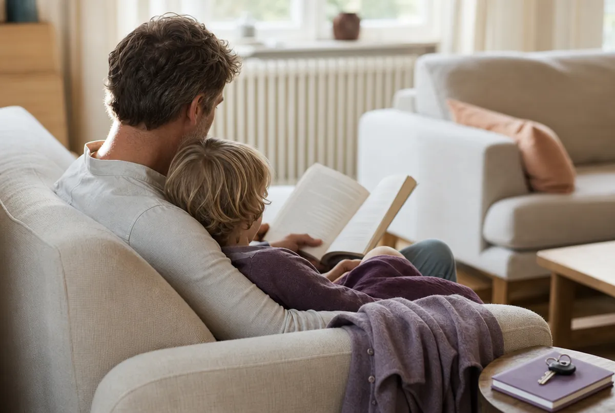 A parent reading to a child on a sofa in a bright living room
