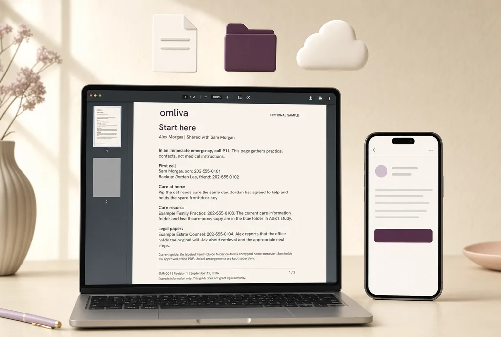 3D render of a laptop showing the family guide PDF, a phone showing a message with one button, and a floating document, folder and cloud icon