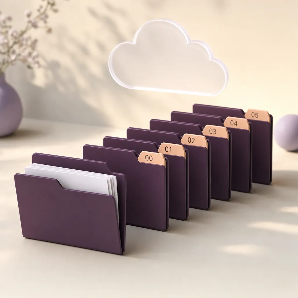 3D render of six deep plum folders with numbered tabs under a cloud, the first one holding document sheets