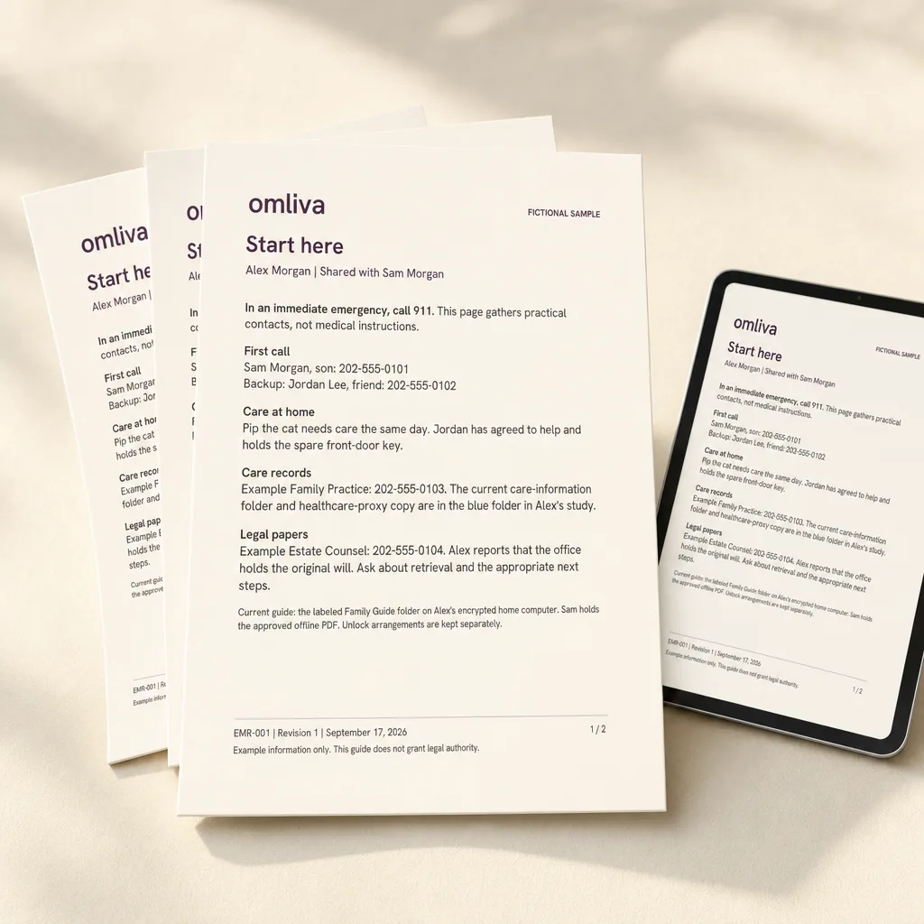 3D render of three large-type family guide pages fanned out, with the same guide open on a tablet