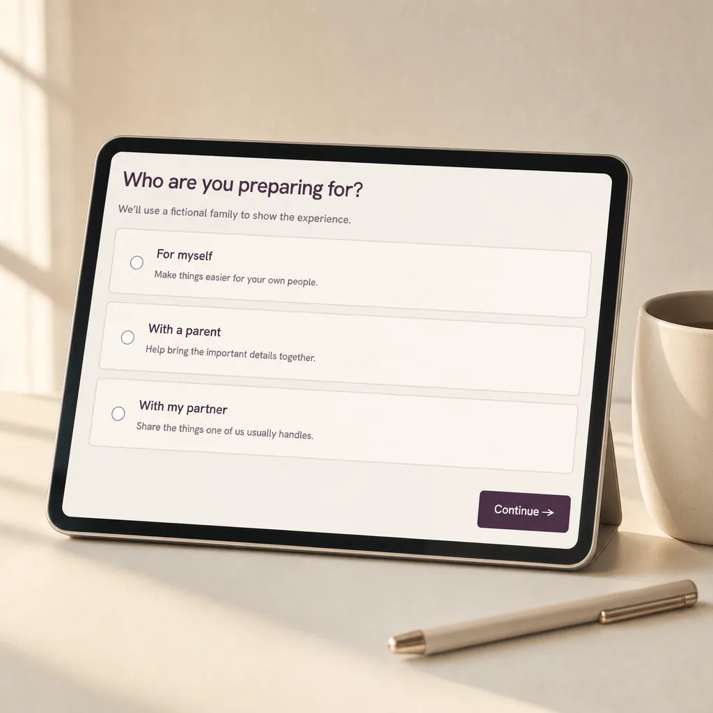 3D render of a tablet showing an Omliva walkthrough question card