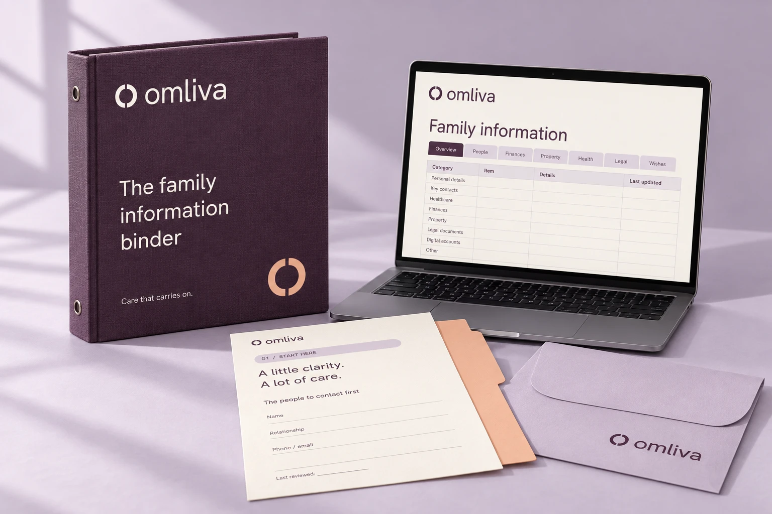 Omliva’s plum family binder with its digital guide and printed pages